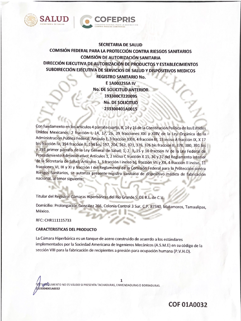 Registro sanitario COFEPRIS de RGVCH con marca de agua