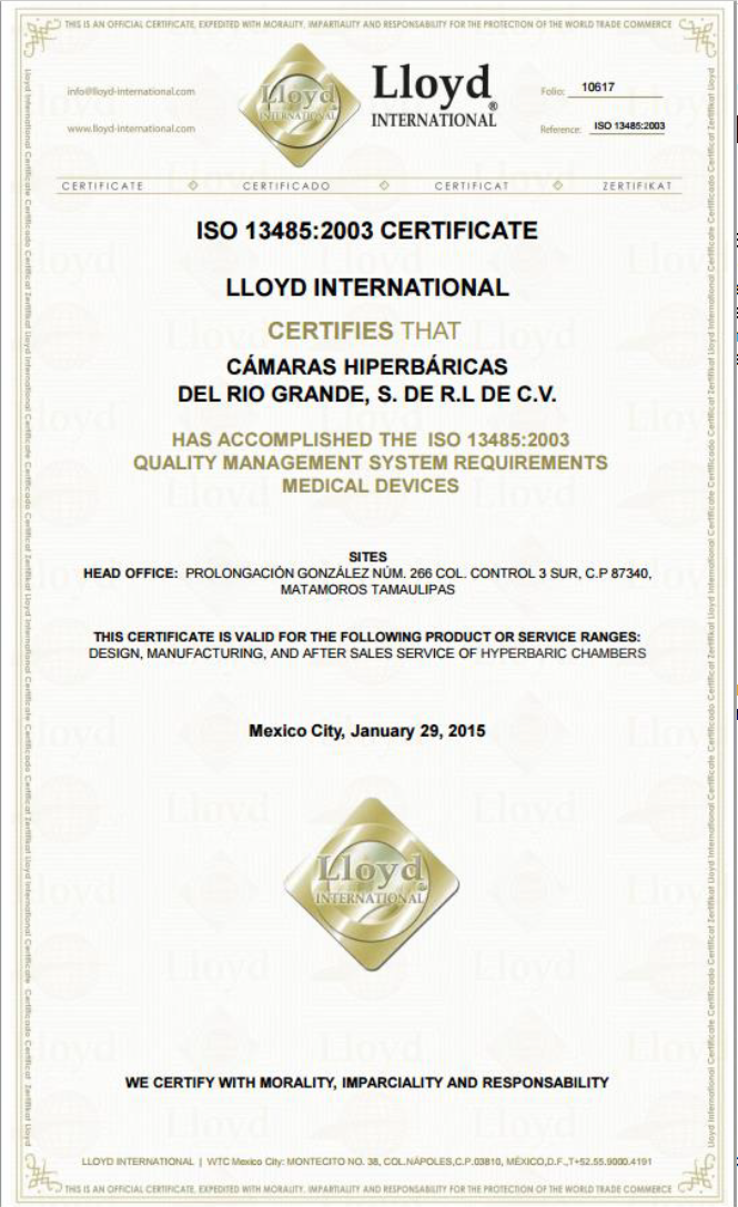 Certificado ISO 13485 de RGVCH con marca de agua